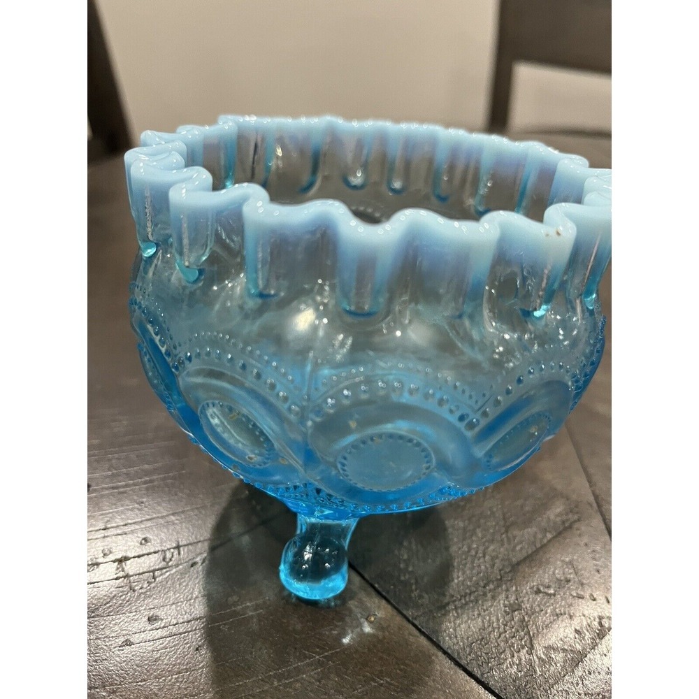 Northwood 3 Footed Glass Beaded Cable Rosebowl Light Blue Opal Crimped - Picture 3 of 6
